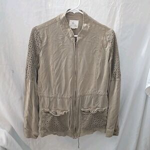 Others‎ Follow Tan Zip Up Jacket Floral Cutouts Adjustable Waist Size Lg
